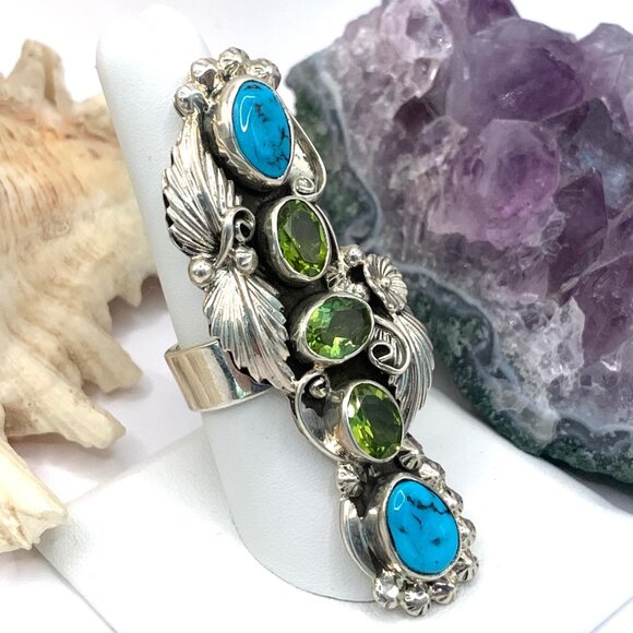 Big Peridot Turquoise Sterling Silver Elongated Handmade Navajo Ring Sz 9 J878 - Picture 4 of 12